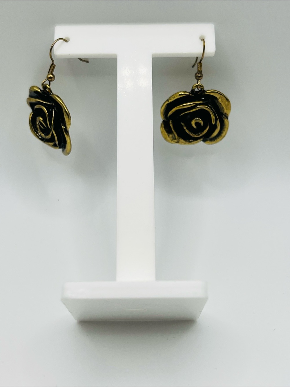 Antique Gold Toned Metal Rose Drop Earrings - Women Jewelry